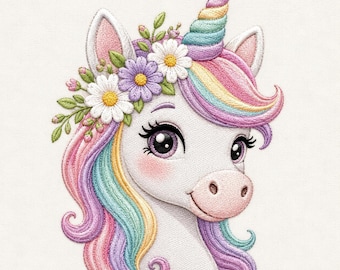 Floral Unicorn Head Machine Embroidery File, Rainbow Mane and Flower Crown Design, Cute Girls Nursery Pattern