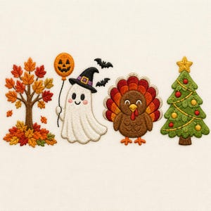 May include: An embroidery design featuring a fall tree with orange and red leaves, a white ghost wearing a witch hat holding a jack-o'-lantern balloon with two bats, a brown turkey with colorful tail feathers, and a green Christmas tree with ornaments.