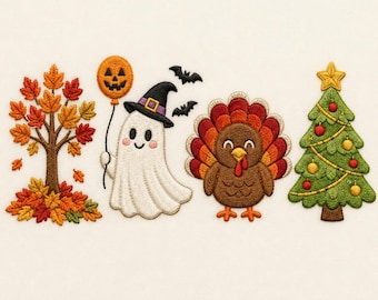 Embroidery File Set, Autumn Tree, Ghost, Turkey, Christmas Tree Designs (Digital Download)
