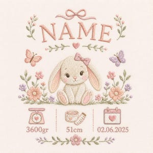 Peut inclure: Un motif de broderie représentant un lapin central avec un nœud rose, entouré de fleurs et de papillons. Le texte NAME est en haut. En dessous, des icônes de balance, ruban à mesurer et calendrier avec 3600gr, 51cm et 02.06.2025.