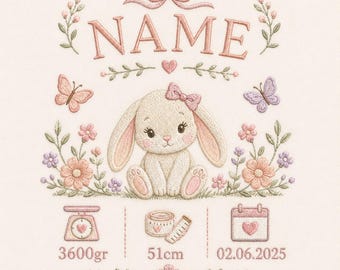 Floral Bunny Baby Birth Announcement Machine Embroidery File, Personalized Name Weight Height Date Design