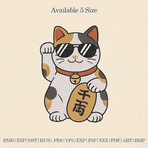 May include: A cartoon image of a Maneki Neko cat wearing sunglasses, with its paw raised. The cat has a white body with brown and black spots, a red collar, and a gold bell. It holds a gold coin with Japanese characters. Text at the top says "Available 5 Size".