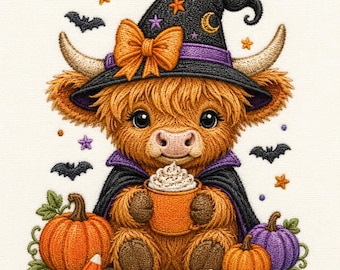 Highland Cow Witch Halloween Embroidery File, Pumpkin Bat Design (Digital Download)