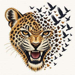 May include: An embroidered patch featuring the head of a snarling leopard with yellow eyes and spotted fur. The right side of the leopard's face transitions into a swarm of small black and brown birds flying outward against a white background.