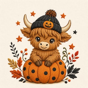 May include: An embroidered illustration of a fluffy brown Highland cow wearing a black knit beanie with an orange pumpkin patch. The cow sits inside a large orange pumpkin with black polka dots, surrounded by orange stars and autumn leaves.