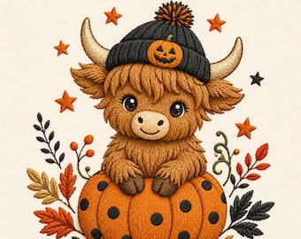 Highland Cow Halloween Embroidery Design, Pumpkin Fall Machine File (Digital Download)