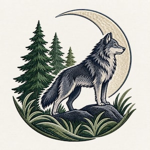 May include: An embroidered patch featuring a gray and white wolf standing on a dark rock. The scene includes three green pine trees, tall blades of grass, and a large, curved cream-colored crescent moon in the background against a white fabric.