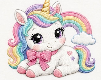 Cute Baby Unicorn Machine Embroidery File, Lying Rainbow Unicorn with Pink Bow and Cloud, Kids Nursery Embroidery Design