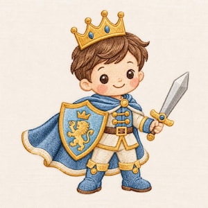 May include: An embroidered design of a young royal figure with brown hair wearing a gold crown, a blue cape, and white and gold clothing. The figure holds a silver sword and carries a blue shield featuring a gold lion emblem and a small crown.