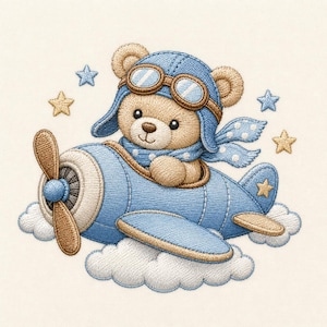 May include: An embroidery design featuring a light brown teddy bear wearing a blue aviator hat with goggles and a matching polka dot scarf. The bear sits in a blue aeroplane with a brown propeller, surrounded by small blue and gold stars and clouds.