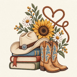 Peut inclure: Un chapeau de cowboy beige avec une bande ornée d'une turquoise repose sur une pile de trois livres. À côté se trouvent des bottes de cowboy en cuir beige avec des coutures bleues. Un bouquet de tournesols, marguerites et feuillage est derrière.