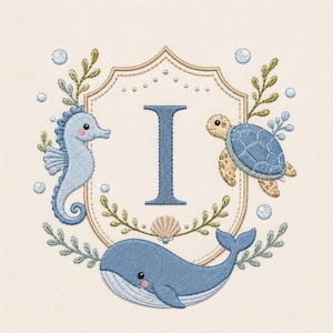 Op de afbeelding: Geborduurd ontwerp met de blauwe letter "I" en zeedieren. Een zeepaardje, schildpad en walvis zijn afgebeeld, samen met een schelp en bladeren. Het ontwerp heeft een crèmekleurige achtergrond met bellen.