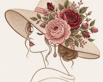 Rose Lady Hat Embroidery Design, Romantic Floral Woman Portrait Machine Embroidery File