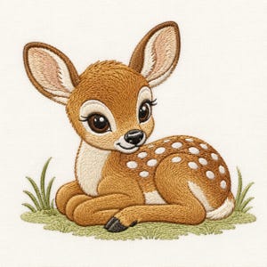 May include: An embroidery design of a young deer with brown fur, large dark eyes, and white spots on its back. The deer is lying down on a patch of light green grass with small blades of grass visible around its body on a plain white background.