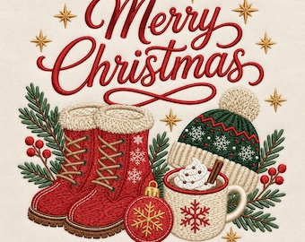 Merry Christmas Winter Boots Hot Cocoa and Beanie Machine Embroidery File, Cozy Holiday Decor Design