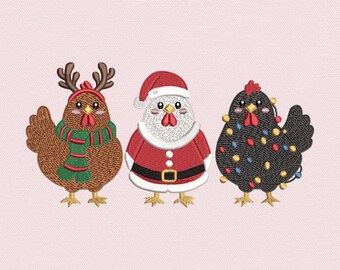Diseño de bordado de pollo navideño, lindo trío de gallinas navideñas, pollo de Papá Noel, pollo reno, archivo de bordado a máquina de gallina con luces navideñas