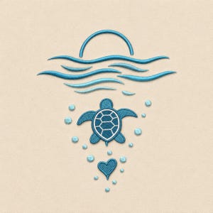 May include: Embroidered design featuring a blue sea turtle, bubbles, and a heart. Above the turtle are stylized waves and a sun. The design is on a beige background, creating a serene, ocean-themed image.