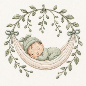 May include: An embroidery design featuring a sleeping infant wearing a sage green cap and matching outfit, resting in a pale pink hammock suspended from a circular wreath of sage green leaves and vines with small bows on each side.