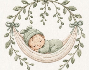 Sleeping Baby Hammock Embroidery File, Sage Green Nursery Art (Digital Download)