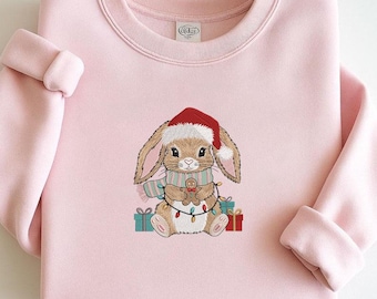 Diseño de bordado de conejito navideño, lindo conejo con luces de jengibre, archivo de puntada de animal navideño, adorno navideño PES DST EXP