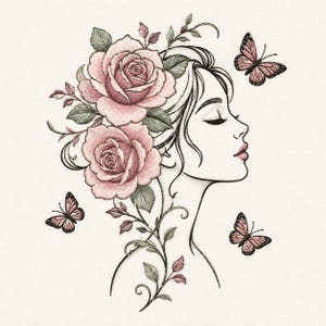 Pink Rose Woman Embroidery Design, Butterfly Face Profile Machine Embroidery File,