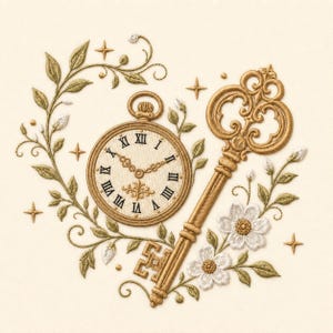 Vintage Key Pocket Watch Embroidery File, Floral Antique Clock Design (Digital Download)