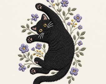 Floral Black Cat Embroidery Design, Whimsical Pet Machine Pattern (Digital Download)