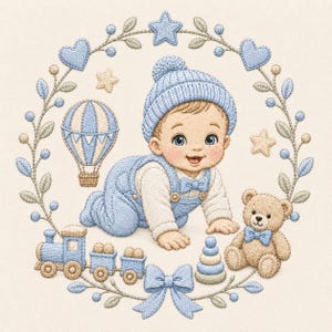 May include: An embroidery design featuring a baby wearing a blue knit hat and overalls, surrounded by a circular wreath of leaves, hearts, and stars. The scene includes a blue hot air balloon, a toy train, a stacking ring toy, and a teddy bear.