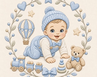 Crawling Baby Boy Machine Embroidery File, Cute Nursery Wreath with Teddy Train Balloon, Baby Shower Newborn Embroidery Design