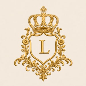 Könnte beinhalten: Ein goldfarbenes Stickwappen mit einem zentralen Schild, das den Buchstaben L zeigt und von einer verzierten Krone gekrönt wird. Das Design ist von symmetrischen Blumen- und Rankenmustern umgeben, alles in Goldfaden auf hellem Cremegrund.
