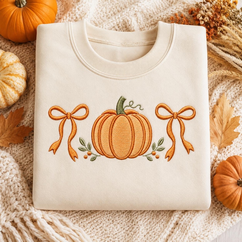May include: A cream-colored crewneck sweatshirt featuring an embroidered design of a central orange pumpkin flanked by two orange ribbons and small green leafy sprigs with tiny orange berries on each side of the pumpkin.