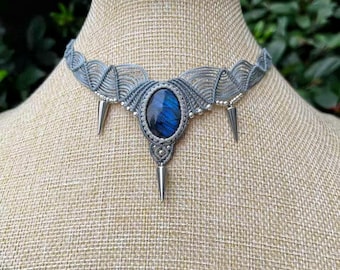 Ras de cou gothique en labradorite en macramé avec fil ciré, collier réglable avec pierres précieuses