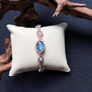 Pulsera de macramé de labradorita con hilo encerado, pulsera de joyería bohemia ajustable