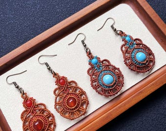 Boucles d'oreilles en macramé avec pierre précieuse, boucle d'oreille en macramé, bijoux bohèmes