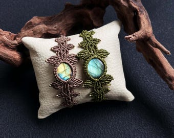 Labradorite Macrame Bracelet with Waxed Thread, Adjustable Boho Jewelry Bracelet