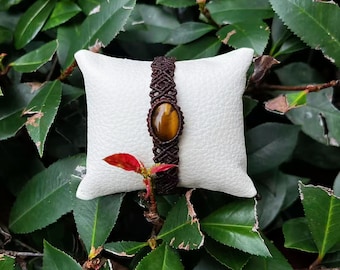Tiger's eye Macrame Bracelet with Waxed Thread,Adjustable Boho Gemstone Bracelet