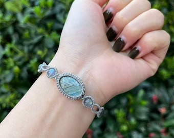 Labradorite Macrame Bracelet with Waxed Thread,Adjustable Boho Jewelry Bracelet