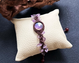 Bracelet en macramé labradorite avec fil ciré, bracelet bijoux bohème réglable