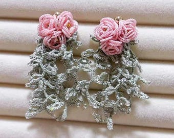 Boucles d'oreilles en dentelle frivolité faites main, boucle d'oreille pendante rose, bijoux bohèmes