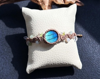 Labradorite Macrame Bracelet with Waxed Thread,Adjustable Boho Jewelry Bracelet