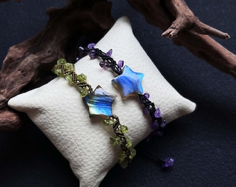 Bracelet macramé labradorite étoilé avec fil ciré, bracelet bijoux bohème réglable