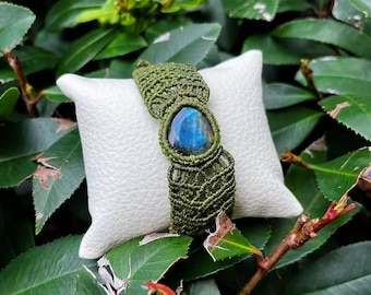 Labradorite Macrame Bracelet with Waxed Thread,Adjustable Boho Jewelry Bracelet