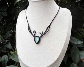 Collier en macramé de cerf labradorite, pendentif en macramé de pierres précieuses