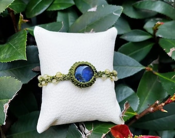 Labradorite Macrame Bracelet, Adjustable Waxed Thread Boho Jewelry