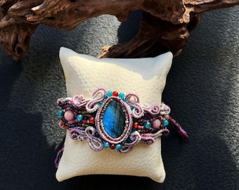 Bracelet en macramé labradorite avec fil ciré, bijoux bohème réglables avec perles de pierres précieuses naturelles