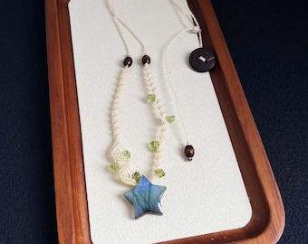 Collier en macramé labradorite étoilée avec fil ciré, bijoux en pierres précieuses réglables