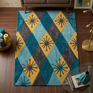 Tappeto in stile Mid-Century Modern (MCM) / Tappeto geometrico retrò con motivo a stella atomica / Tappeto in lana trapuntato a mano / Tappeto extra large 10x20 / Dimensioni personalizzate
