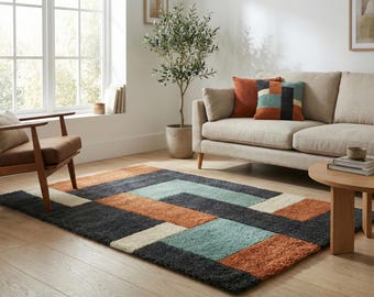Hand Tufted Wool Rug, Mid Century Modern Geometric Terracotta Teal Carpet
