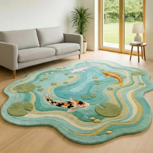 Pode incluir: Um tapete único em forma de lagoa, com um design de peixes koi. O tapete tem um padrão de água azul e turquesa com nenúfares e três peixes koi em laranja, branco e preto. O tapete está colocado sobre um chão de madeira.