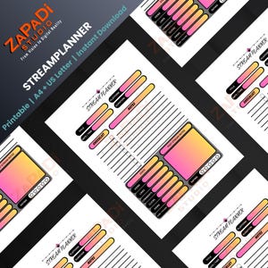 May include: A white Stream Planner printable with a black and pink design. The planner includes sections for title, date/time, checklist, platform, duration, notes, stats, and post-stream notes. The ZAPADI STUDIO logo is in the top left corner.